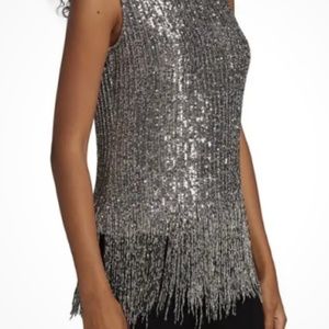 Naeem Khan Beaded Sequins Fringe top sz 12 Silver Gray $2750